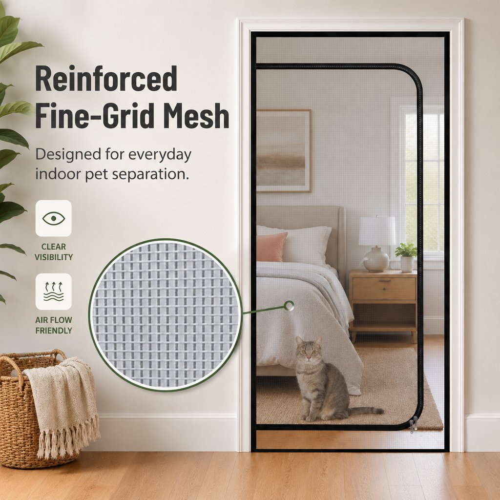 Zippered Pet Mesh Door Barrier for Bedrooms & Home Offices - Helps Keep Cats in Designated Rooms Without Closing the Door