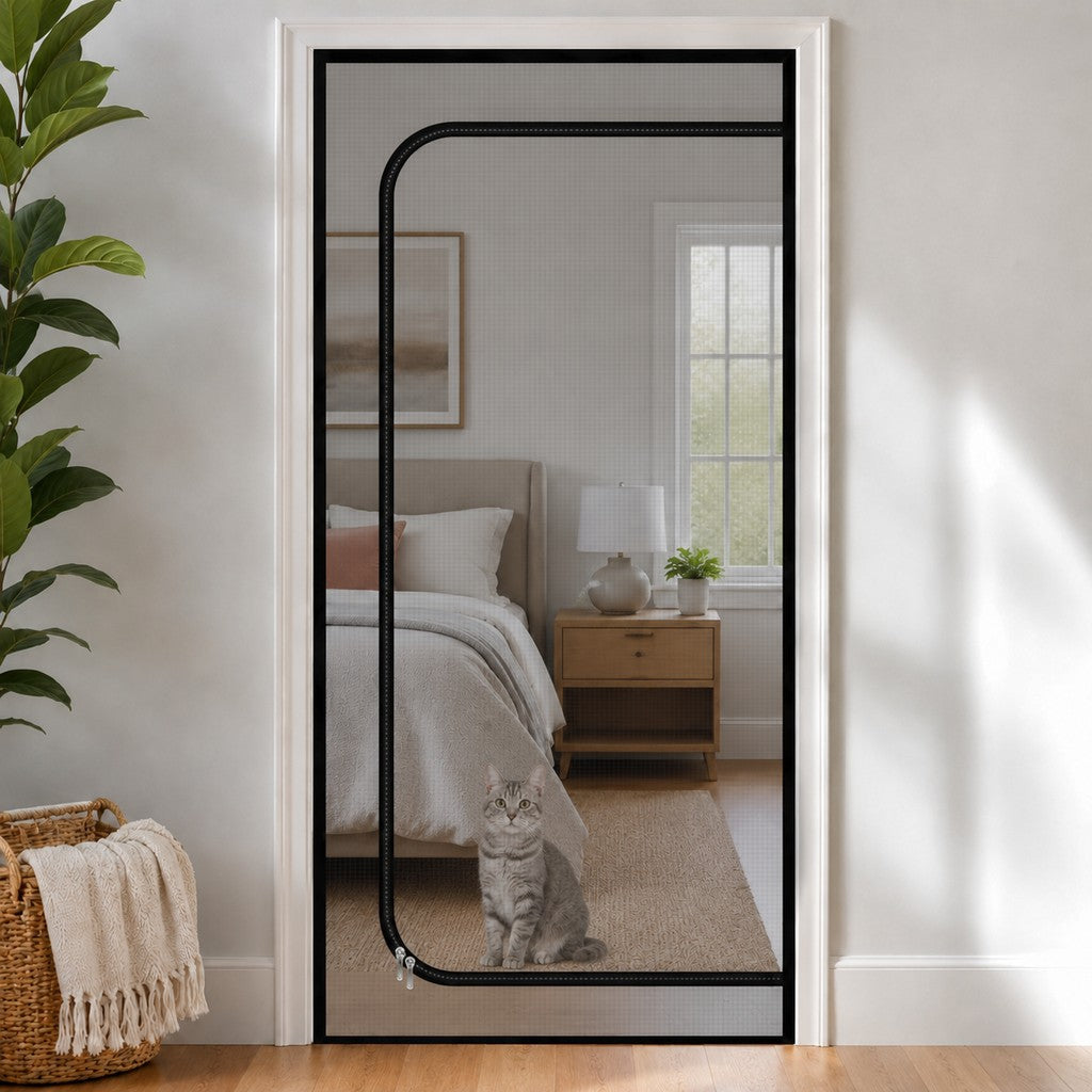 Zippered Pet Mesh Door Barrier for Bedrooms & Home Offices - Helps Keep Cats in Designated Rooms Without Closing the Door