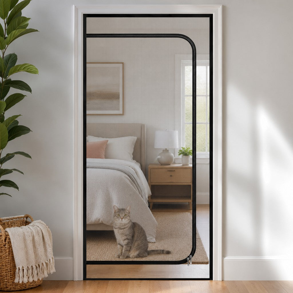 Zippered Pet Mesh Door Barrier for Bedrooms & Home Offices - Helps Keep Cats in Designated Rooms Without Closing the Door