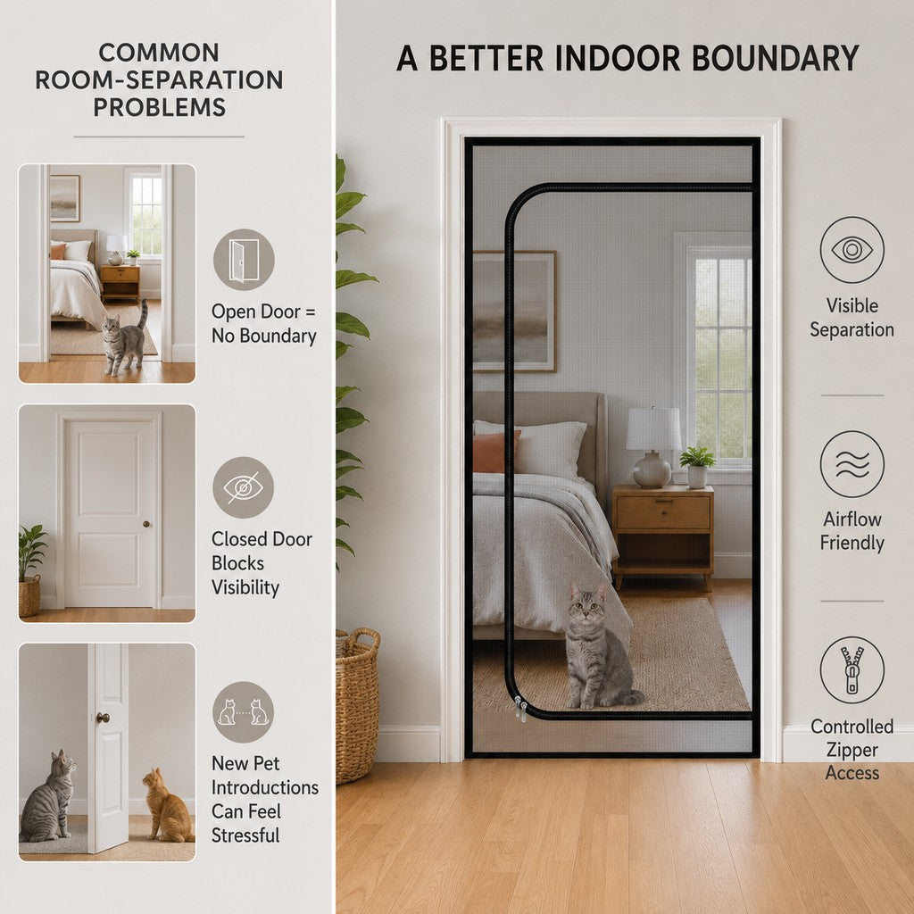 Zippered Pet Mesh Door Barrier for Bedrooms & Home Offices - Helps Keep Cats in Designated Rooms Without Closing the Door