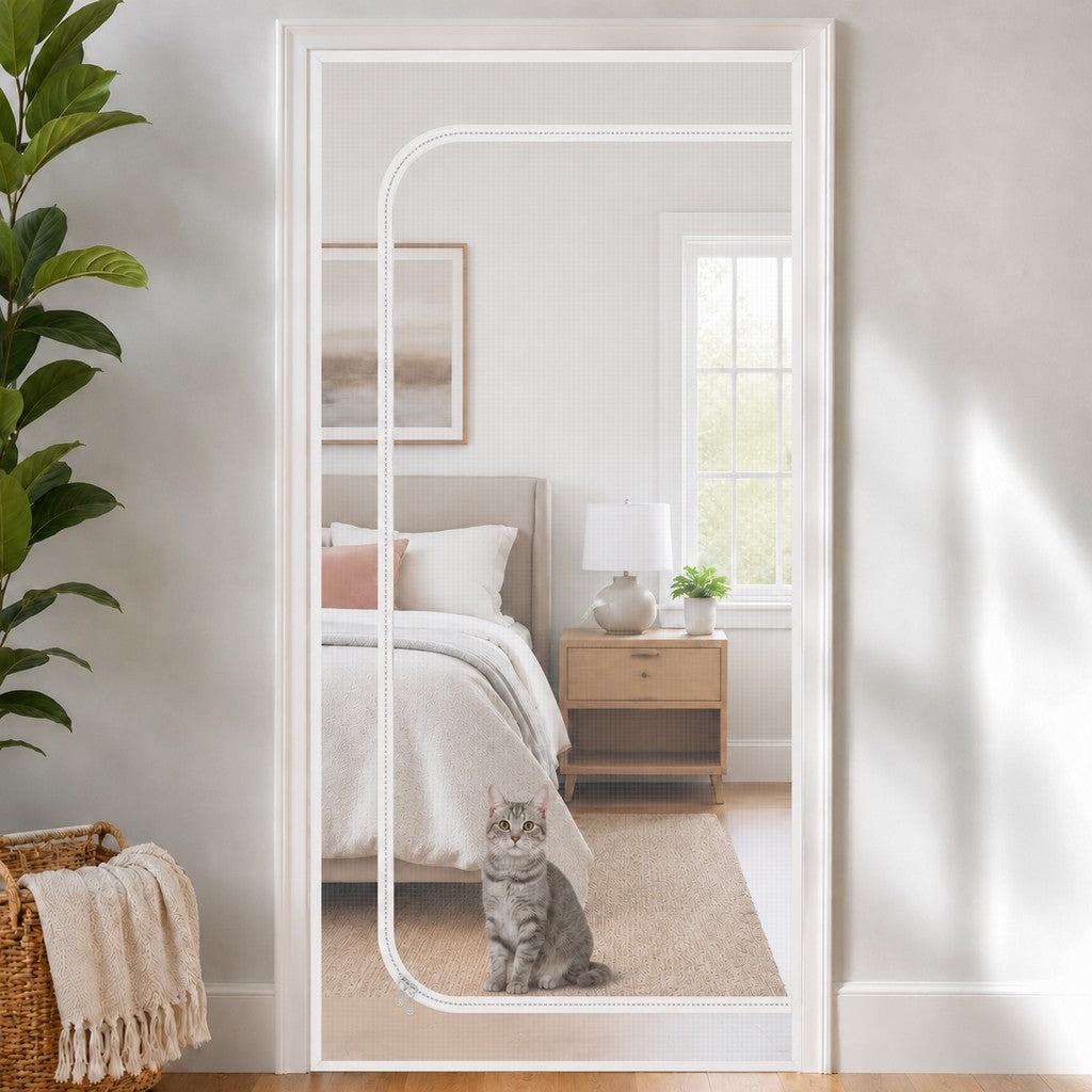 Zippered Pet Mesh Door Barrier for Bedrooms & Home Offices - Helps Keep Cats in Designated Rooms Without Closing the Door